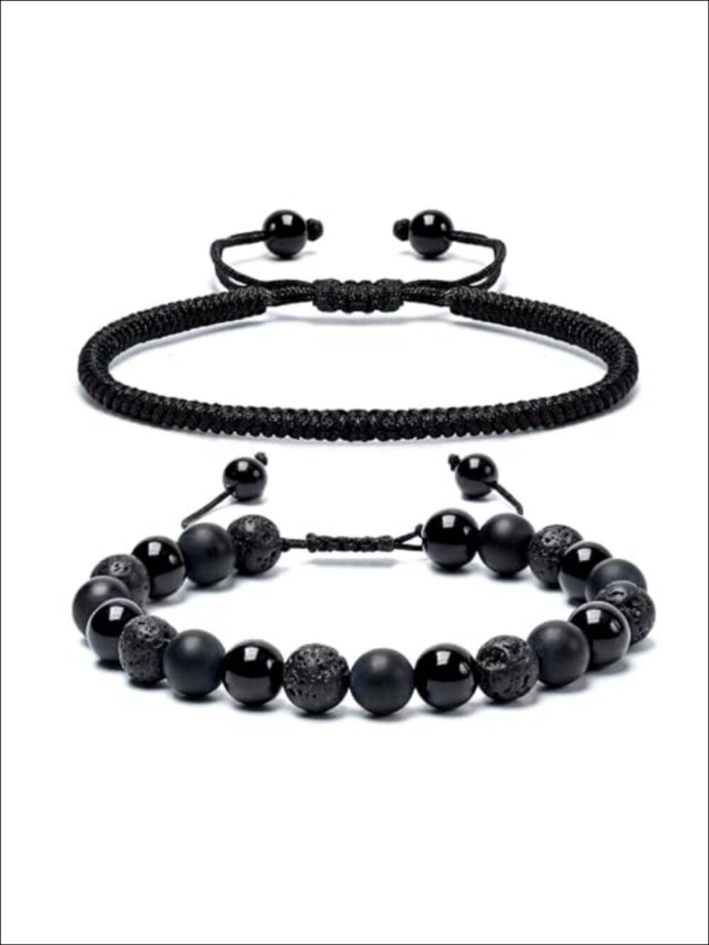 2Pc 8mm Black Onyx Obsidian Lava Stone Beaded Bracelet Set Adjustable Healing